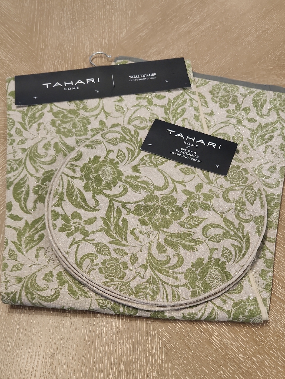 Tahari Tan & Green Floral Table Runner with Round Placemats